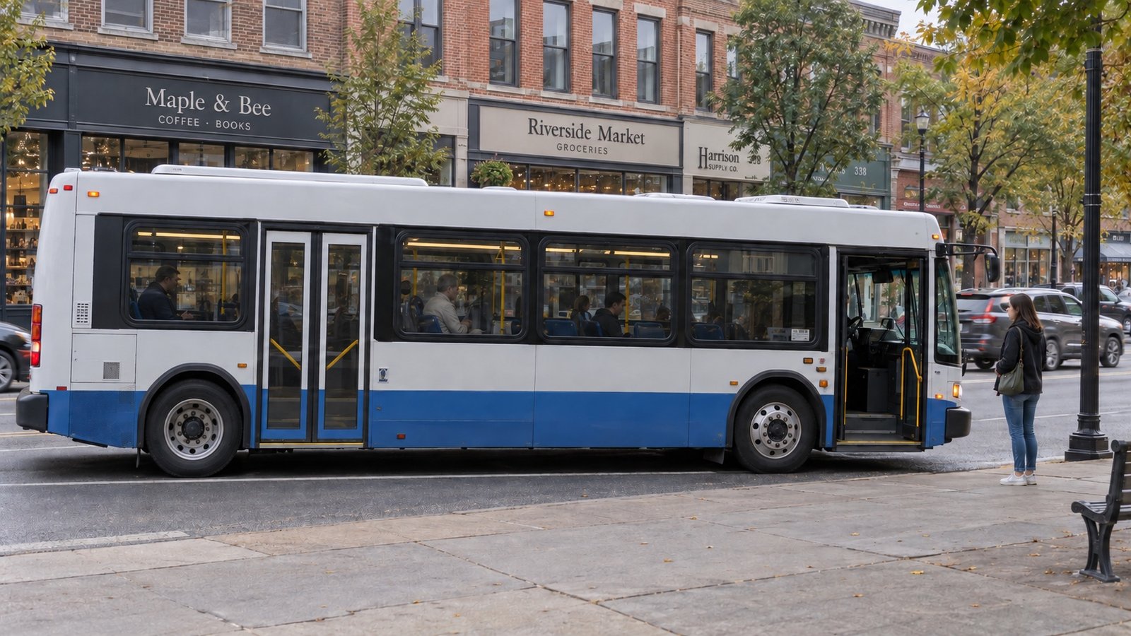 City bus stopped beside a sidewalk