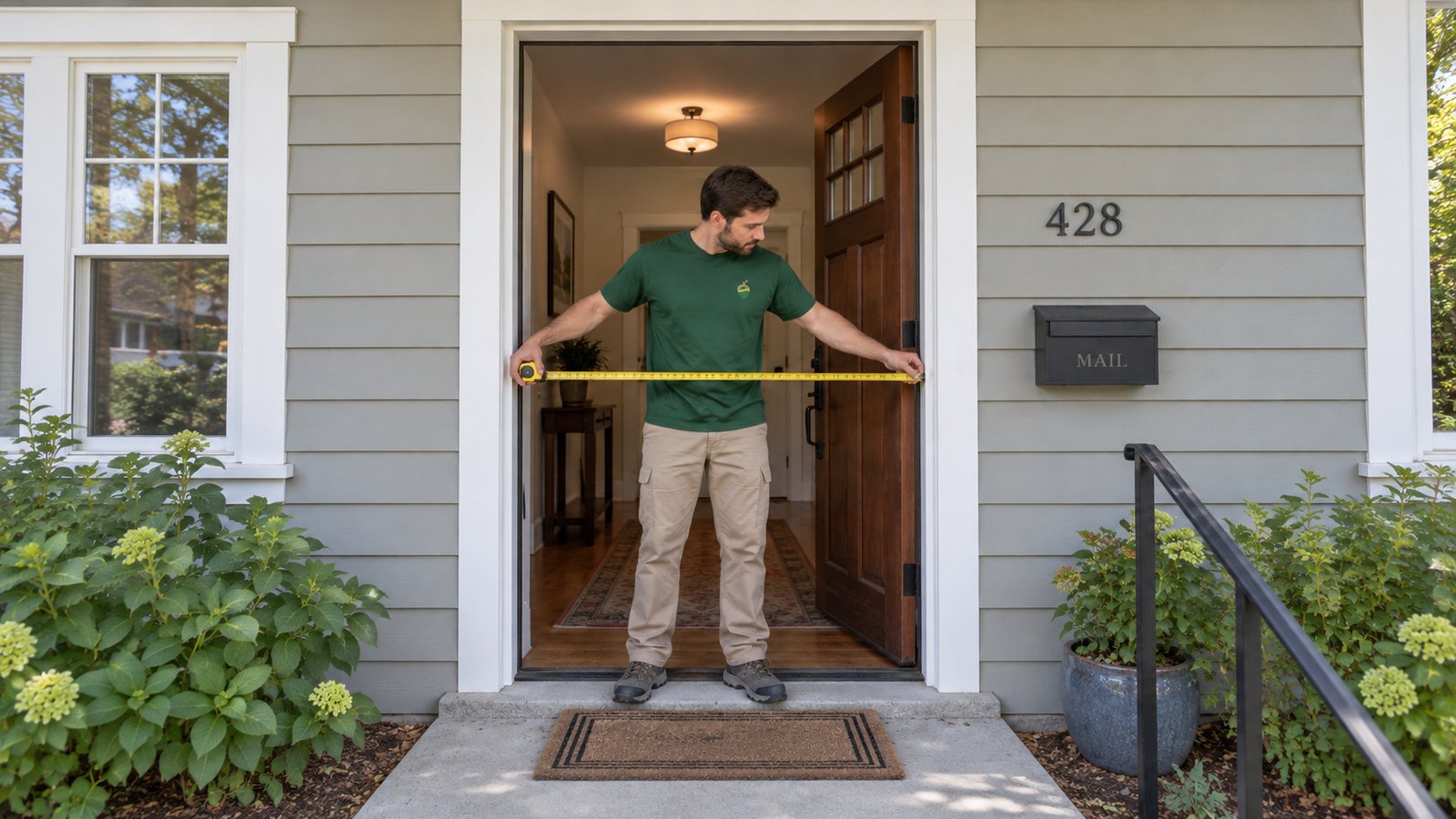 A male mover measuring the width of an open front doorway from a concrete landing.
