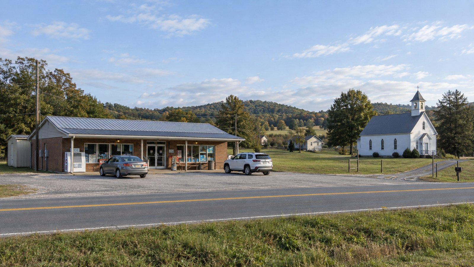 Compare the surroundings A modest low brick store and a complete small white church beside a two-lane road.