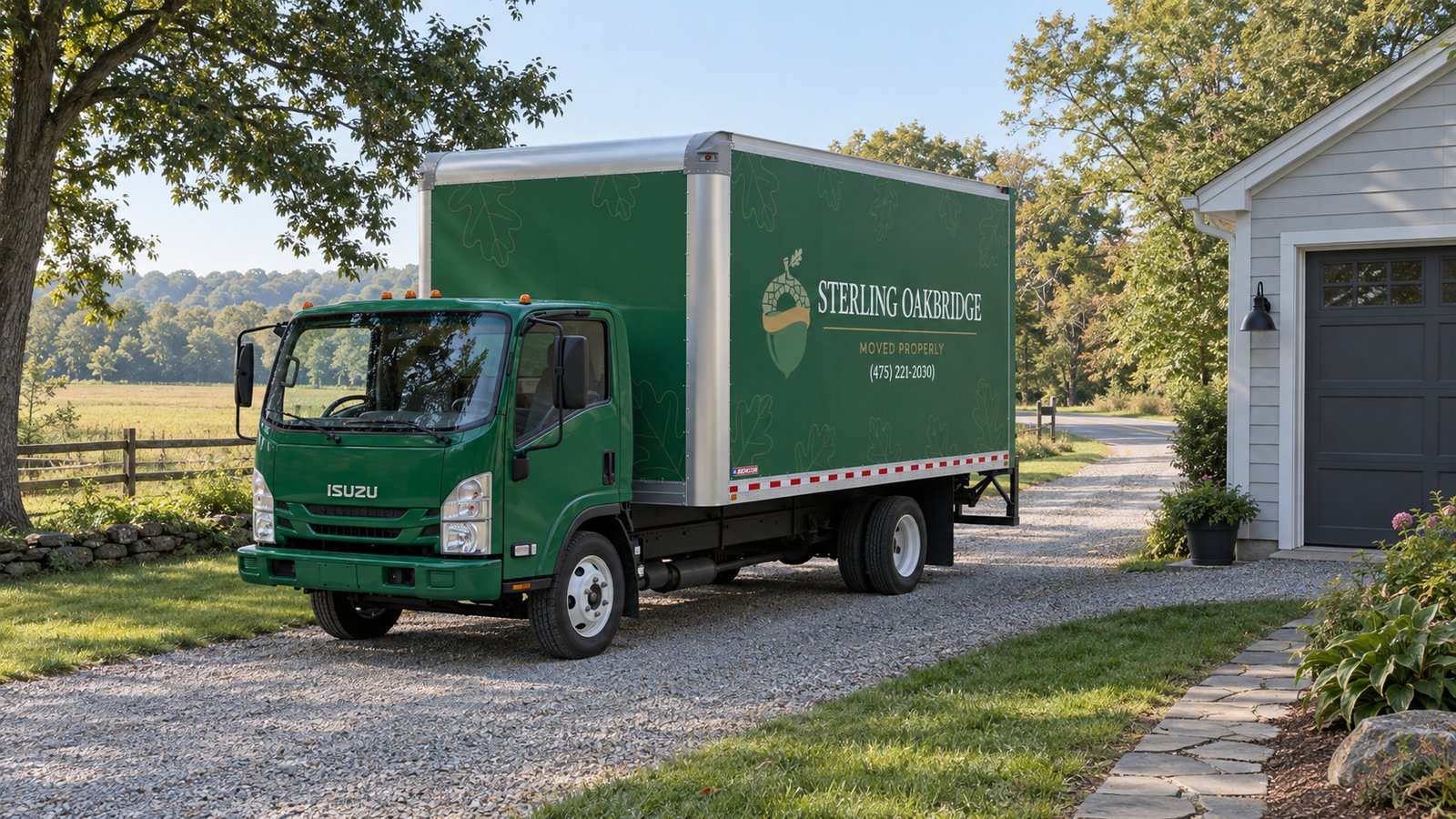 A complete green Sterling Oakbridge box truck standing on a gravel driveway beside a detached garage.