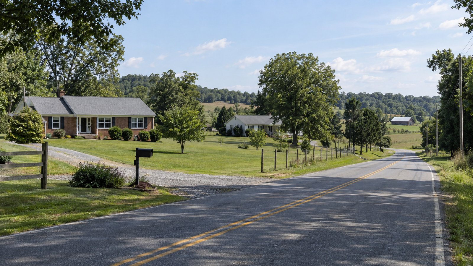 Review the rural approach Modest detached homes and mailboxes beside a two-lane rural road.