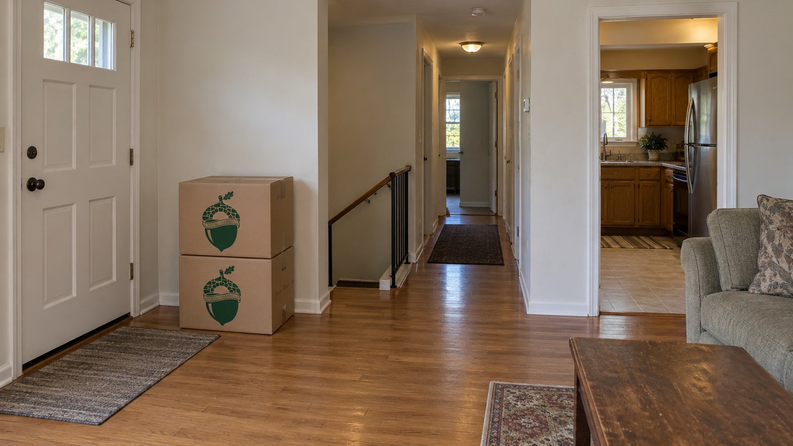 Check circulation inside the home An entry hall opening toward a kitchen, with two closed kraft Book cartons stacked beside the wall.