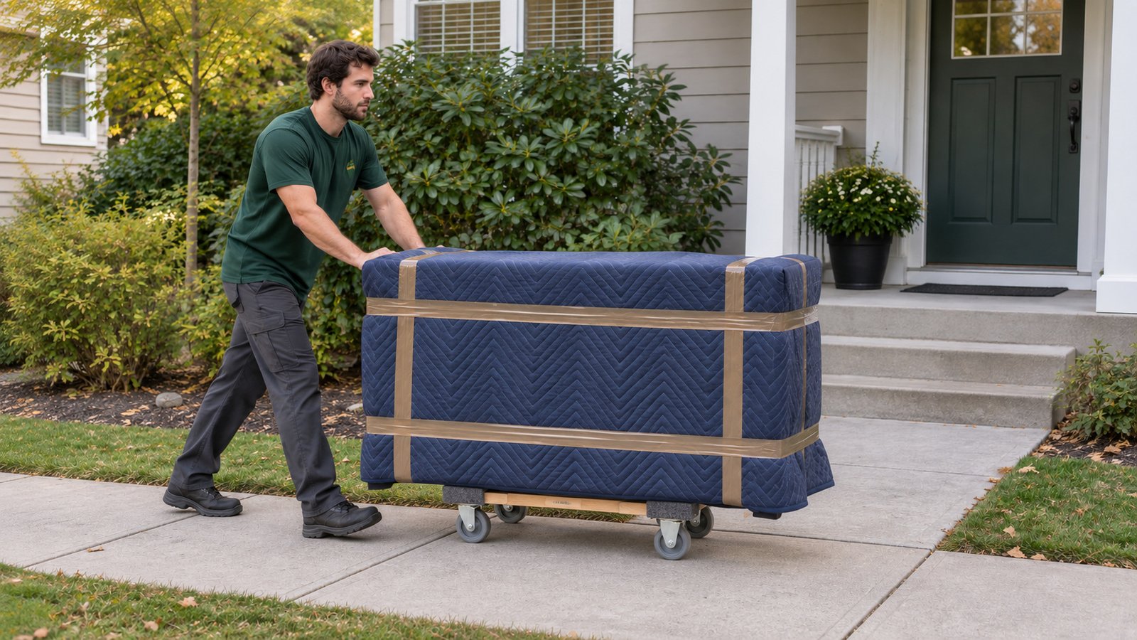 A male mover pushing a blanket-wrapped dresser on a compact furniture dolly along a level concrete path.