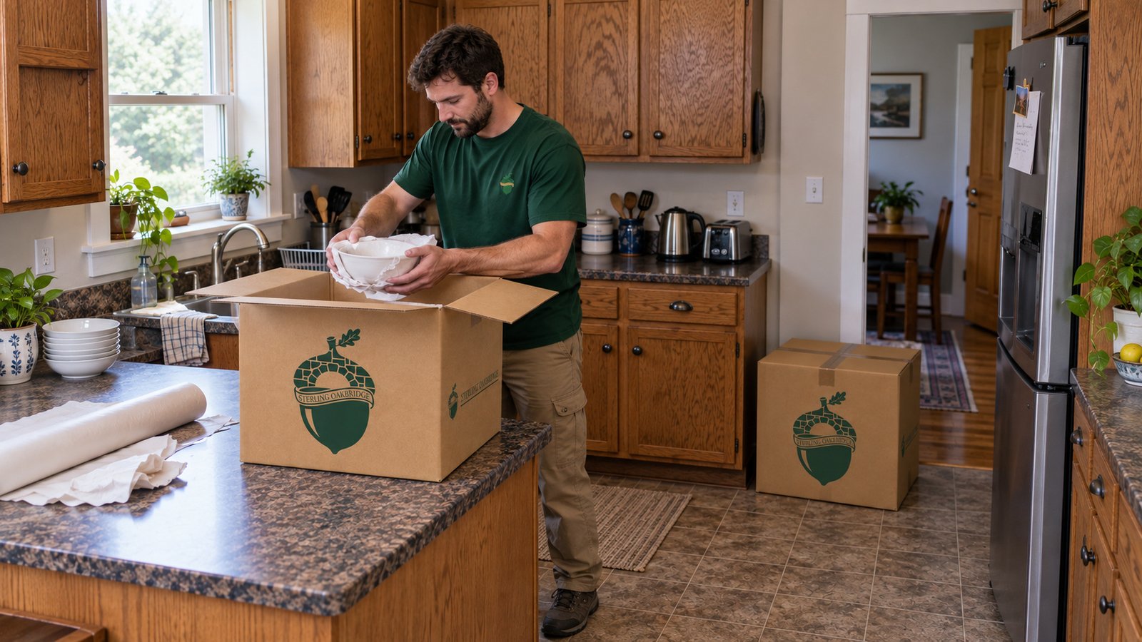 A male packing employee wrapping a white bowl above an open kraft carton on a kitchen counter.
