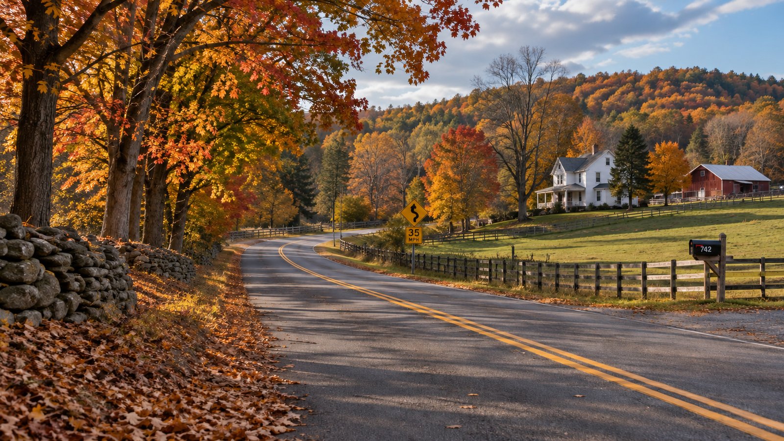 Review the seasonal approach A winding rural road with autumn foliage, a complete farmhouse and a barn.