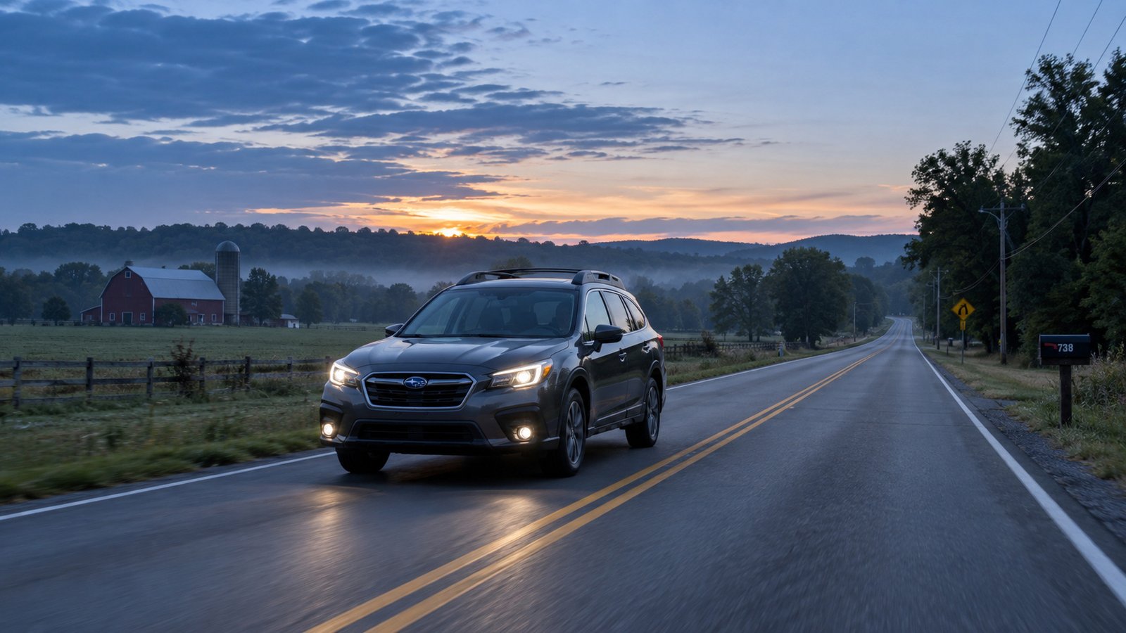 Test your actual daily drive A gray car approaching on a two-lane rural road at dawn, beside a barn and fields.