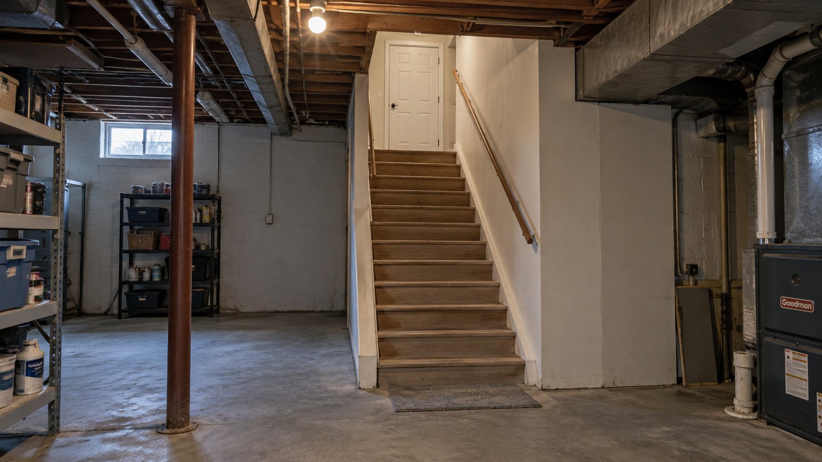 The complete basement route Wooden basement staircase rising to a closed upper door, with a handrail and clear lower landing.