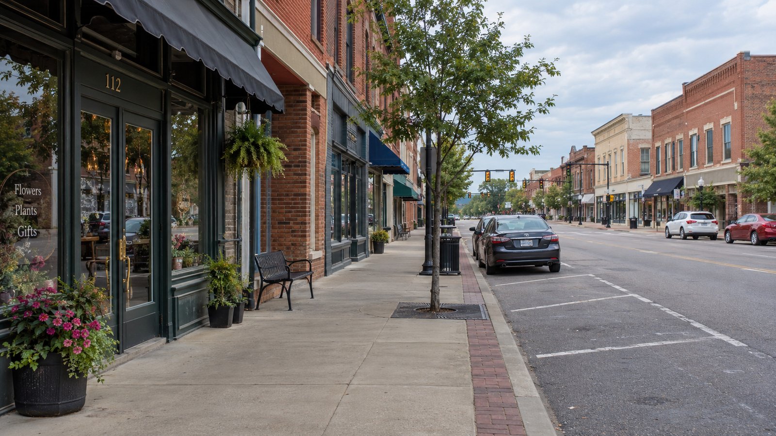 Finding the address behind the name Quiet brick commercial street with storefront entrances, a sidewalk and a few parked cars.