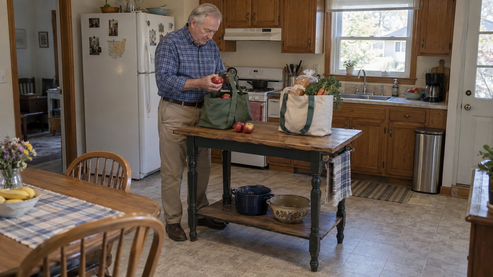 Settling into a household routine Older man taking apples from a reusable grocery bag at a freestanding kitchen worktable.