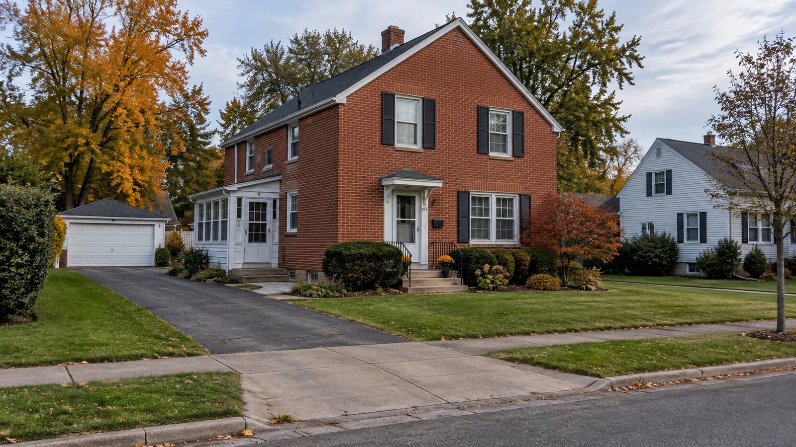 The home and its approach Red brick two-story home with an enclosed side entry, paved driveway and detached garage.