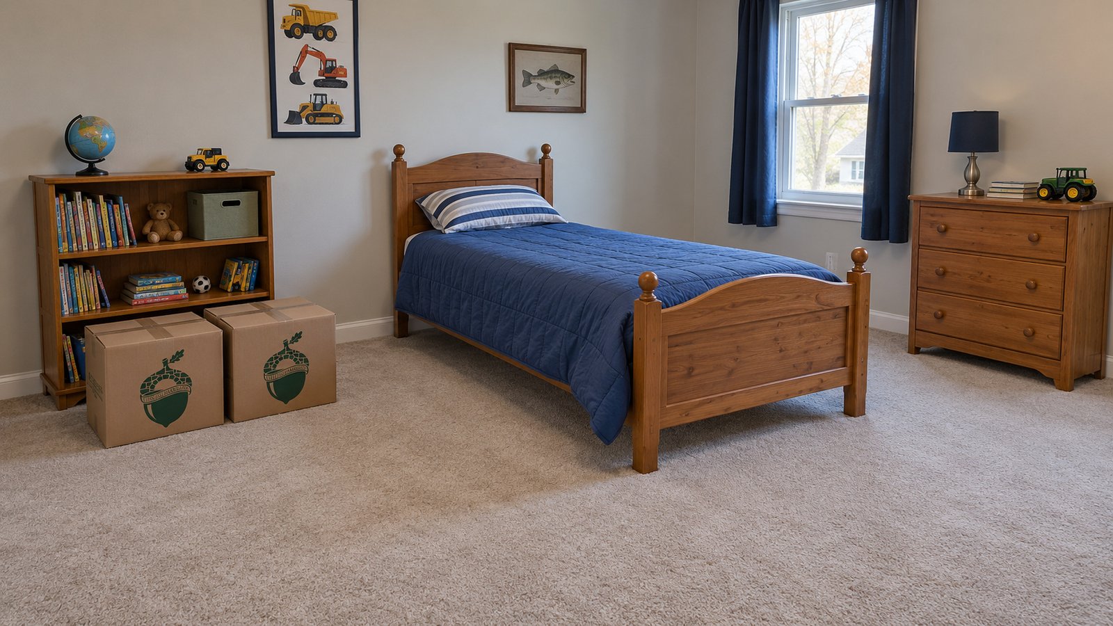 Rooms for everyday use Child bedroom with a blue-covered wooden single bed, low bookcase and two closed branded kraft cartons.