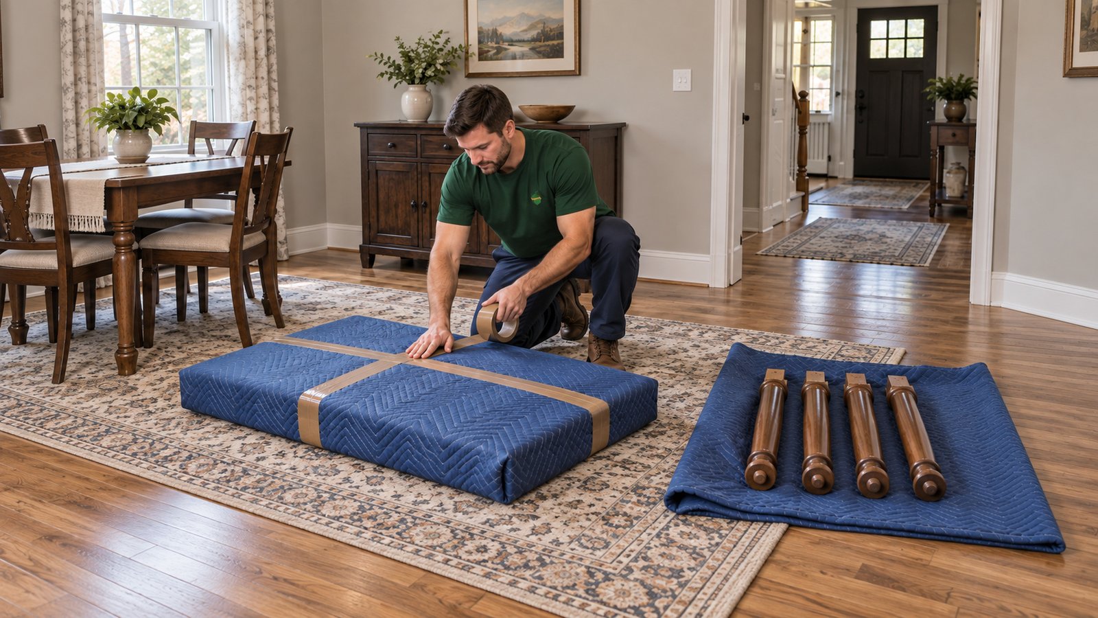 Protection before the carrying route Male mover securing a padded legless tabletop while four detached wooden legs lie together on a separate blue moving blanket.