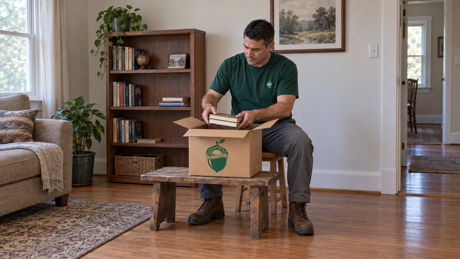 Preparing a book collection Seated male packer placing two books into a small open branded kraft carton on a low wooden bench.