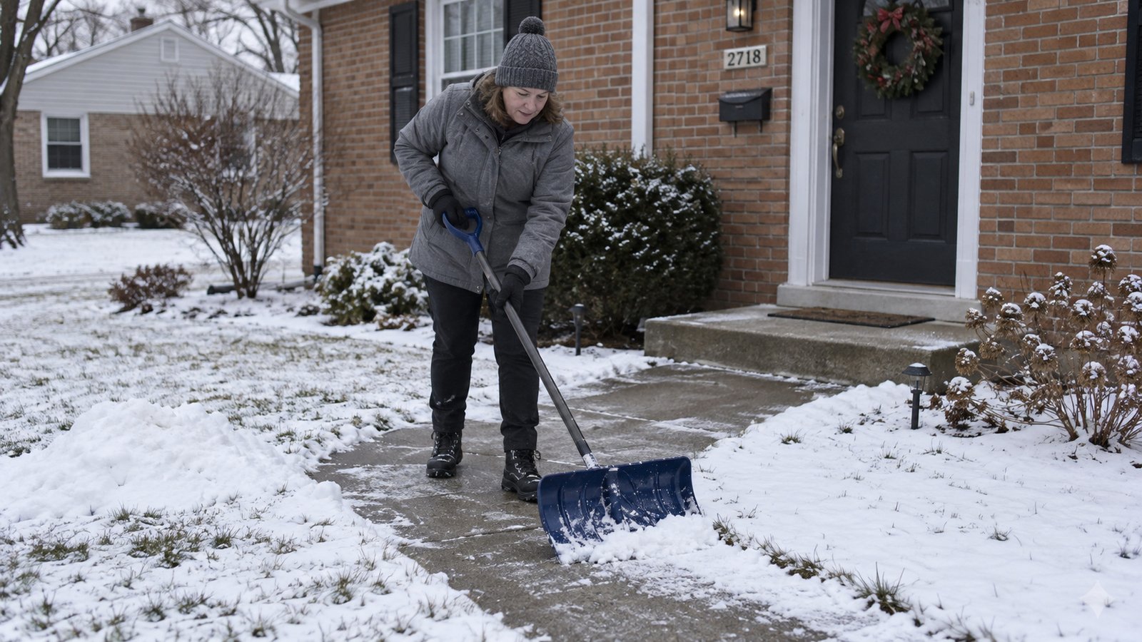 Keeping the entrance usable Woman in a gray winter coat clearing light snow from a paved front walk with a shovel.