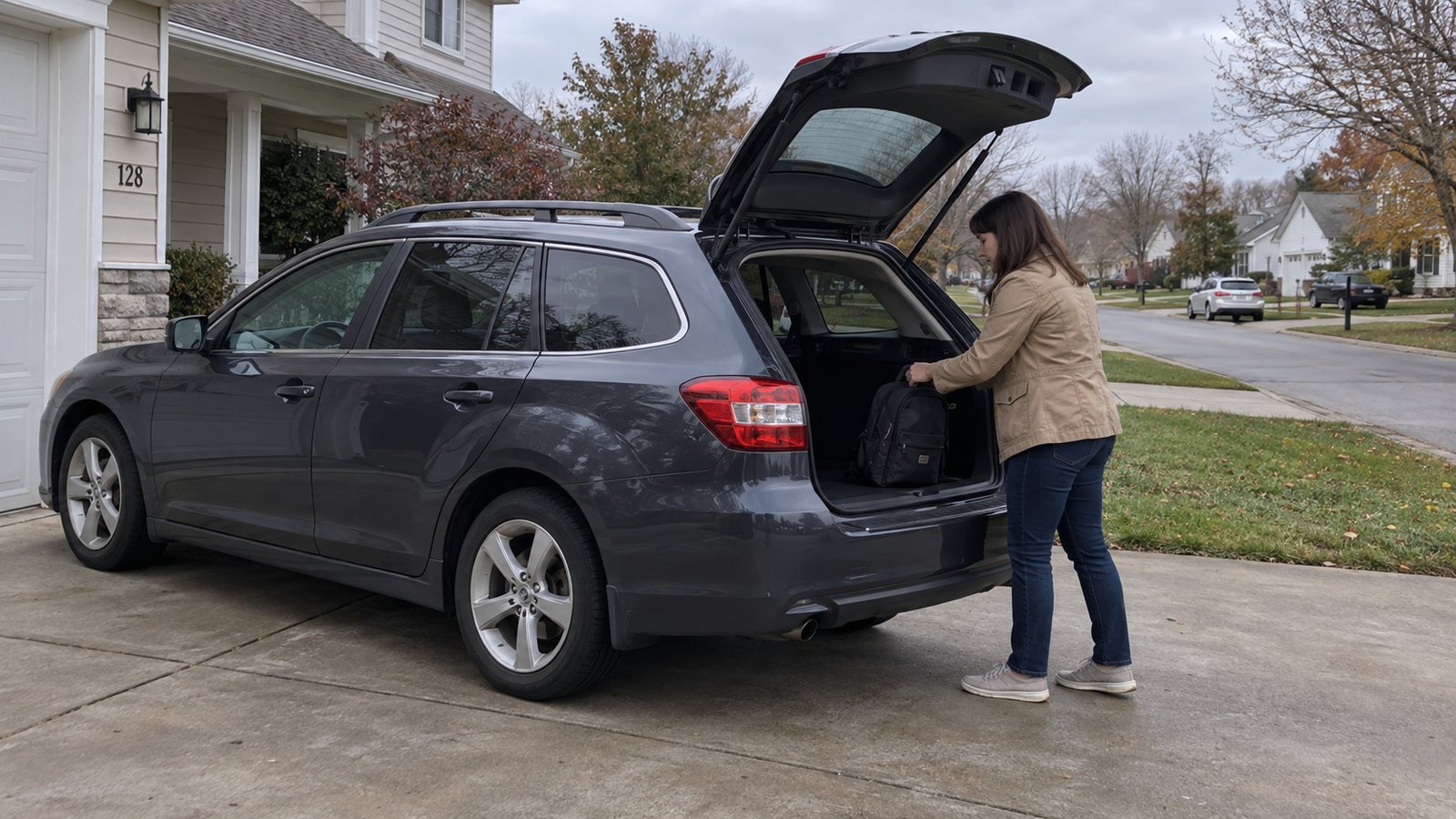 Testing the daily journey Woman placing a work backpack into the open hatch of a stationary gray station wagon on a paved driveway.