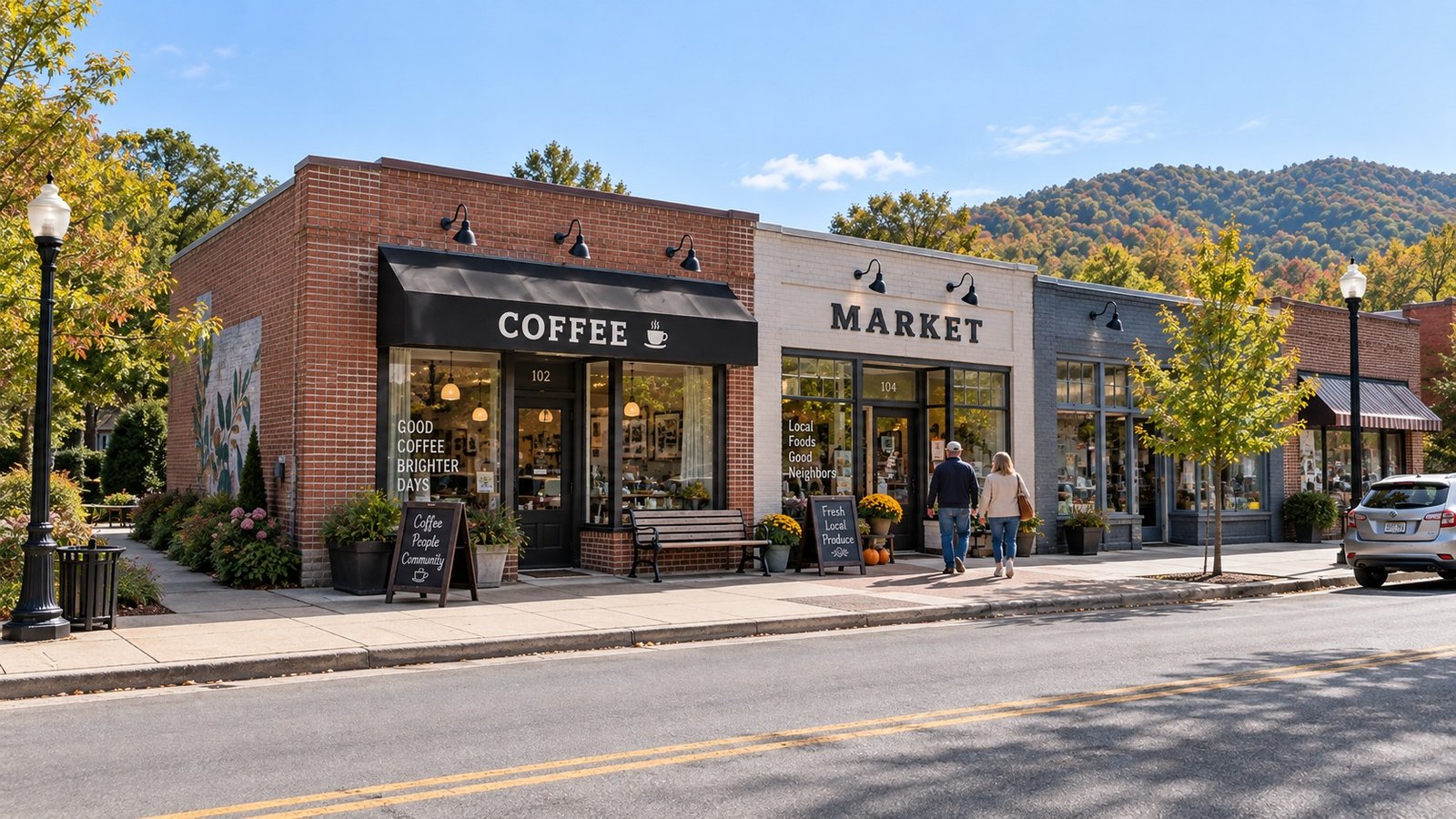 Complete coffee and market frontages with ordinary signs, a bench parallel to the wall and two residents walking along the connected sidewalk.