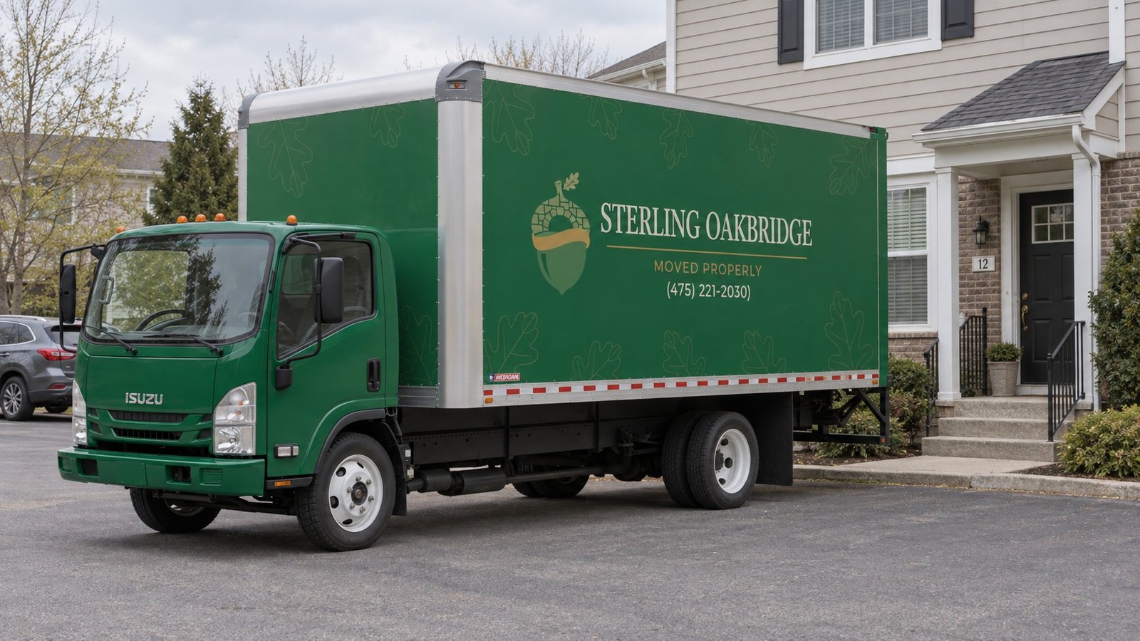 Check shared-space instructions The green Sterling Oakbridge ISUZU NPR16 truck standing on a paved court beside a townhouse entry and short steps.