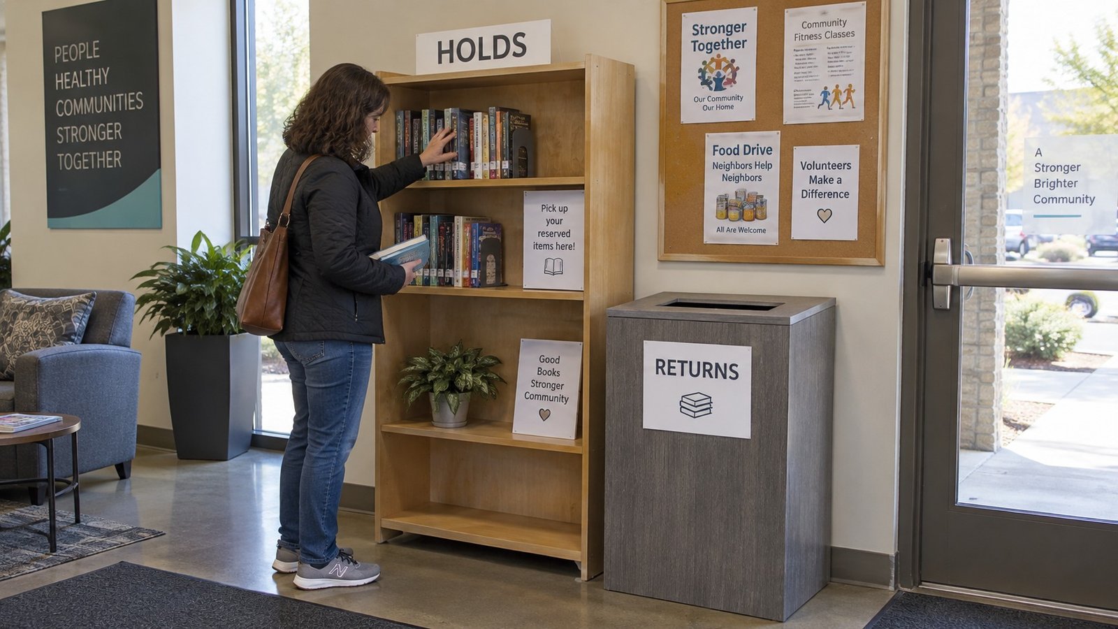 A resident taking a book from a freestanding HOLDS shelf beside a separate RETURNS unit in a community lobby.
