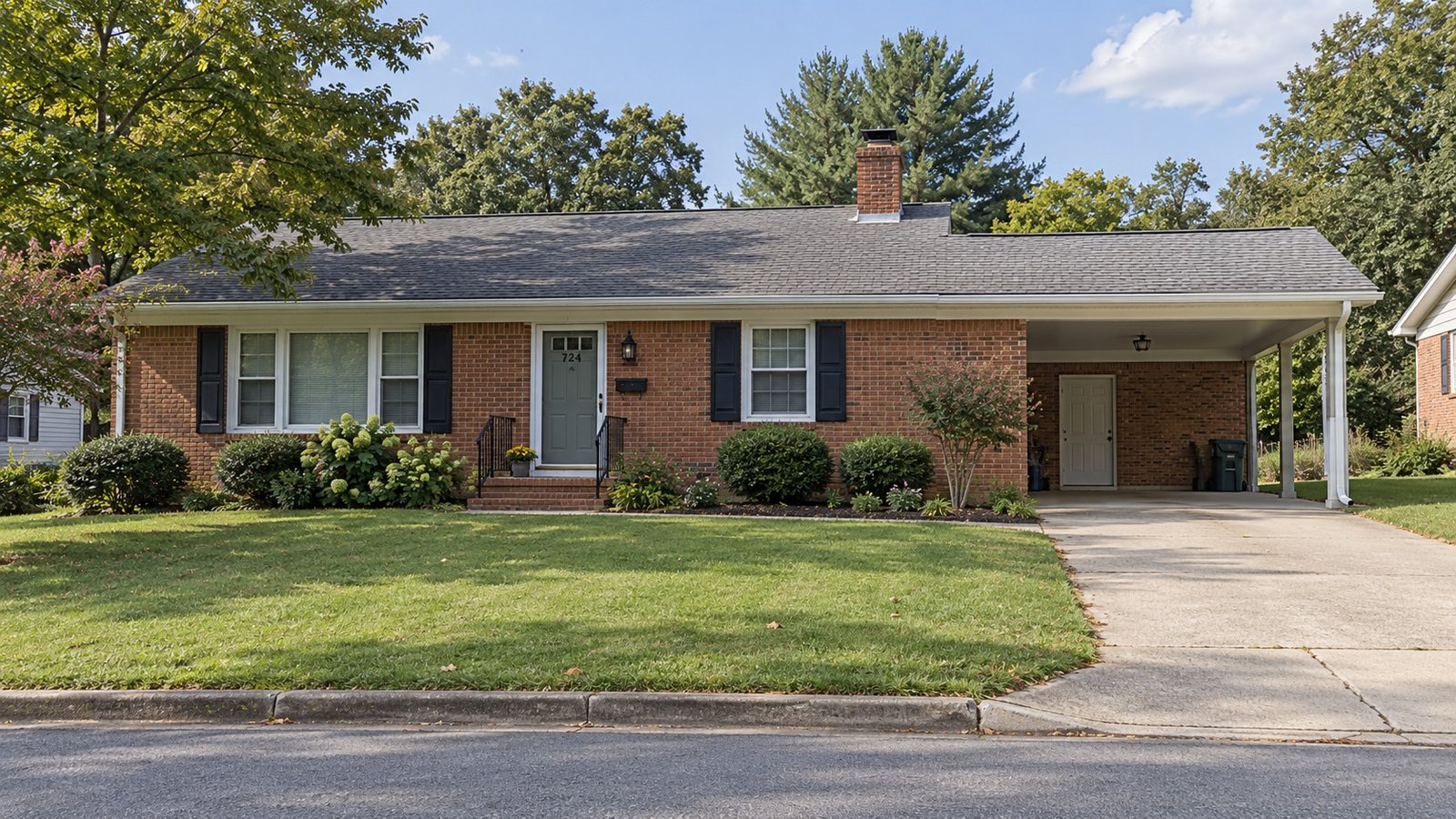Inspect the driveway and receiving entry A modest one-story brick house with a complete roof and chimney, front stoop and an attached carport side entry beside the driveway.