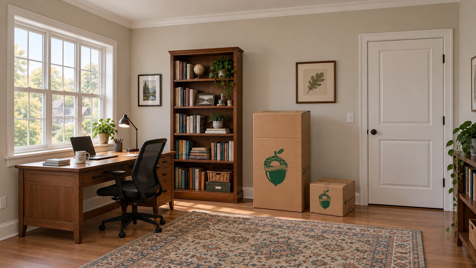A furnished home study with a complete desk, chair, window and room door, and separate closed kraft wardrobe and small Book cartons beside a bookshelf.