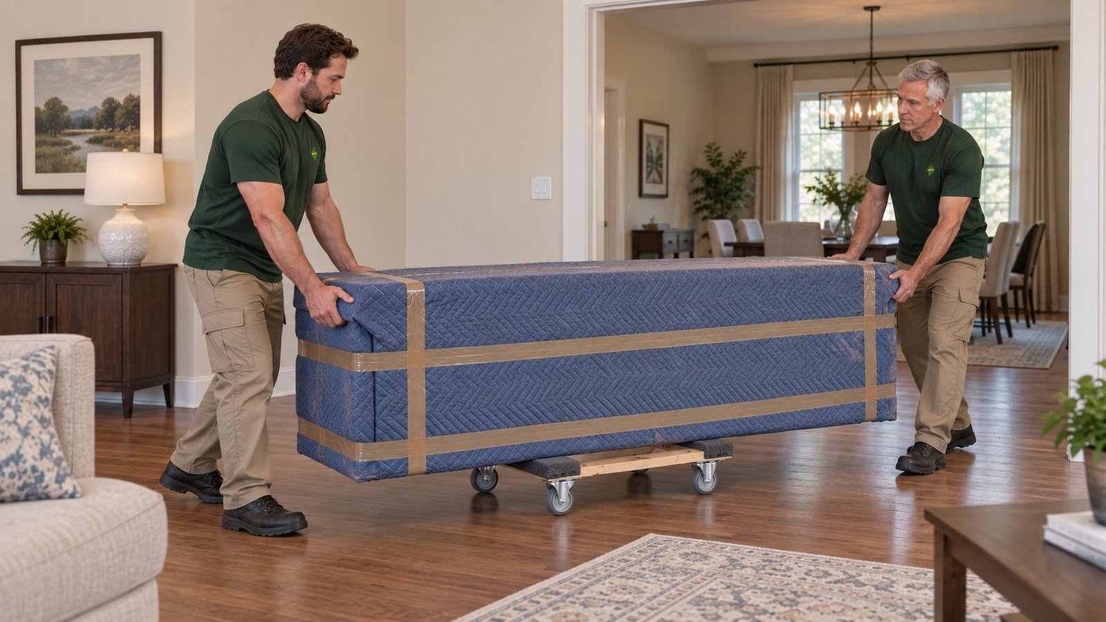 Guiding the protected piece Two male Sterling Oakbridge movers guiding a separately blanket-protected long furniture piece on a compact central hardwood dolly along a level floor.