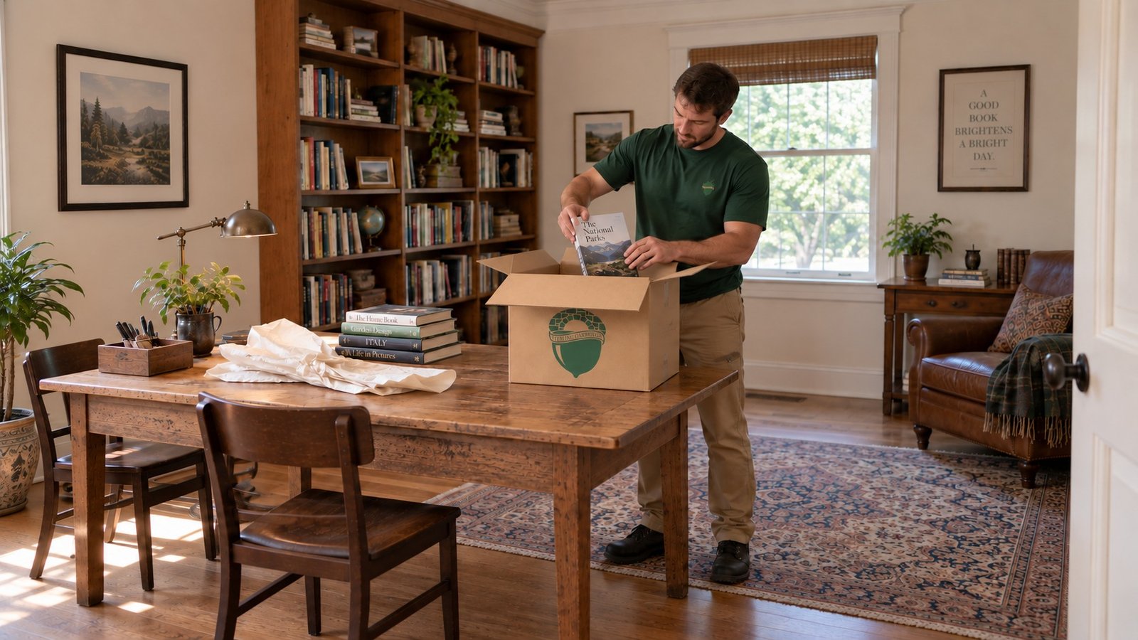 Packing books in a small carton A male Sterling Oakbridge mover lowering one book into an open small kraft Book carton on a supported table in a furnished study.