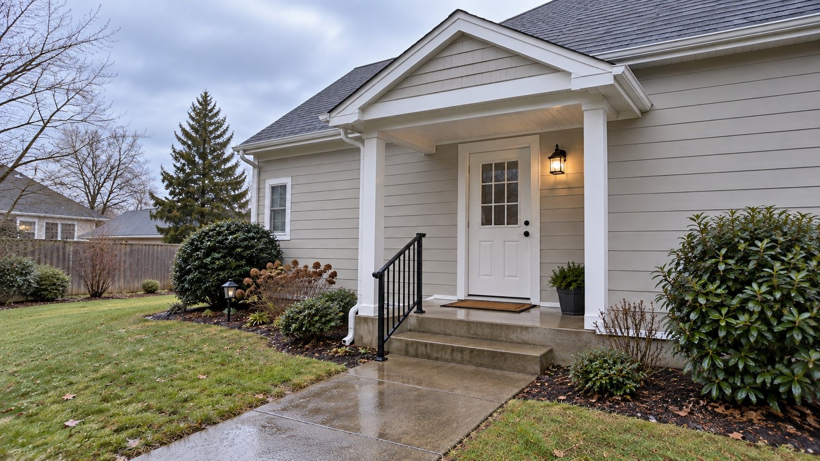 A white-sided home entry with a complete small porch canopy, two concrete steps, a handrail and a connected damp paved approach.