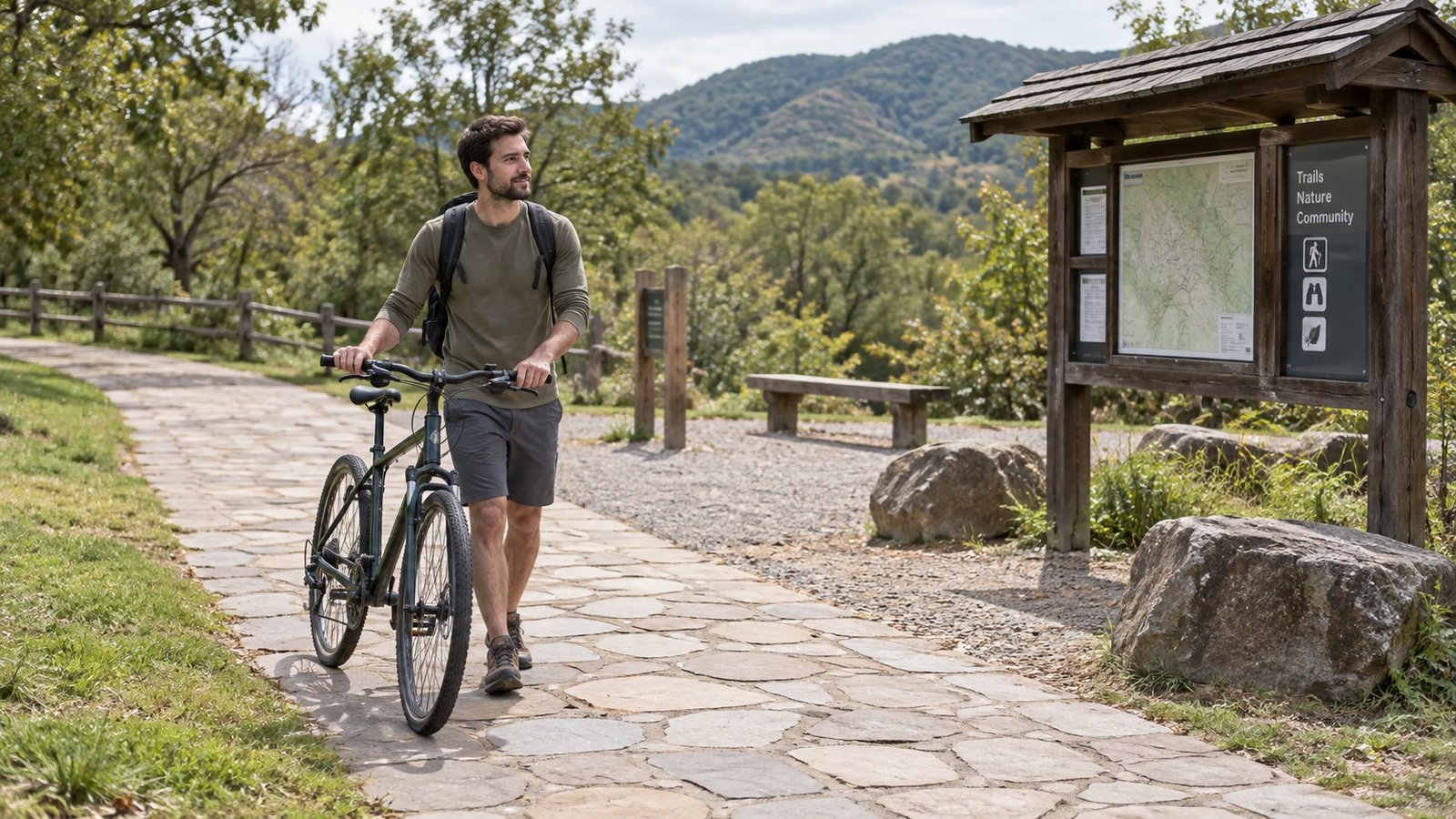 A casually dressed resident walking a complete bicycle along a broad stone recreation path beside an unnamed information board.