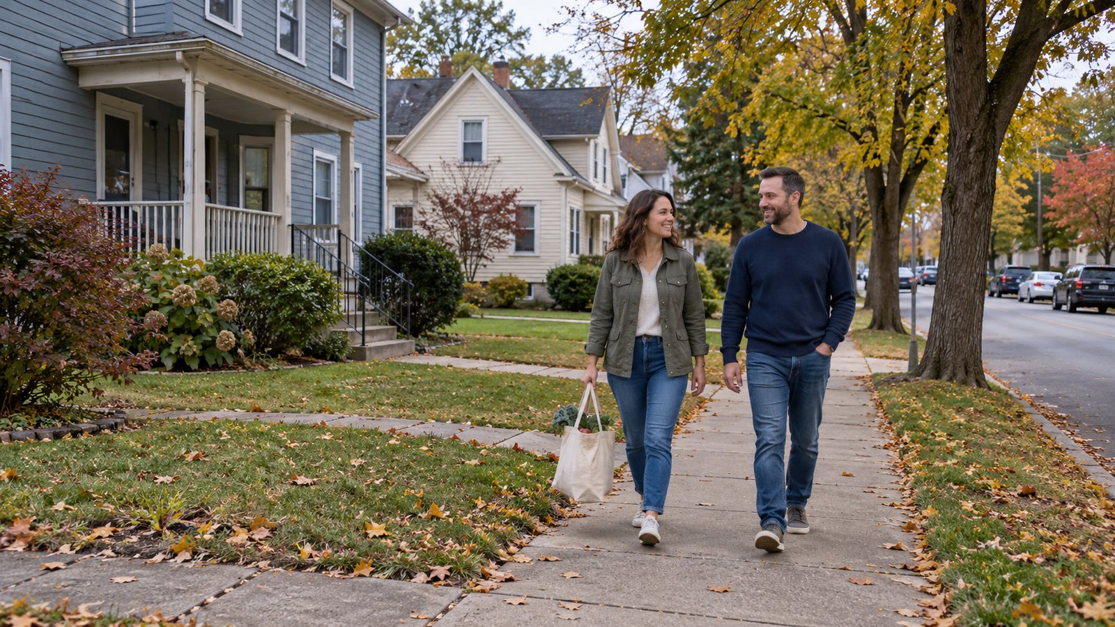 Two adults carrying a grocery tote walk along a residential sidewalk beside modest older homes.