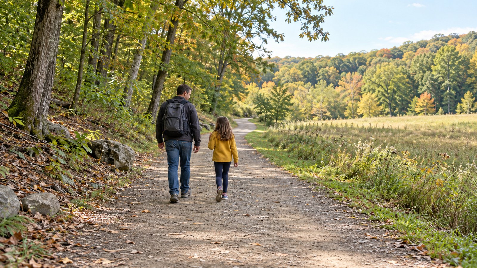 Choose an ordinary outdoor outing Adult and child walking on a broad trail at the edge of woodland and meadow.