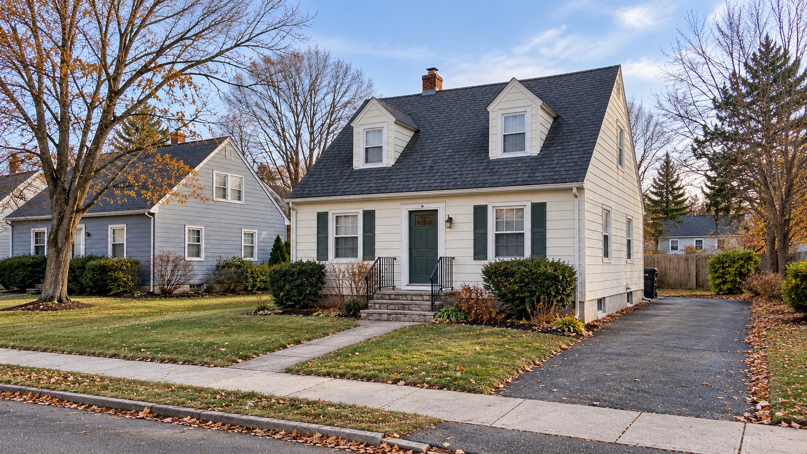 Modest Cape-style home with a complete front stoop and a separate right-side driveway.