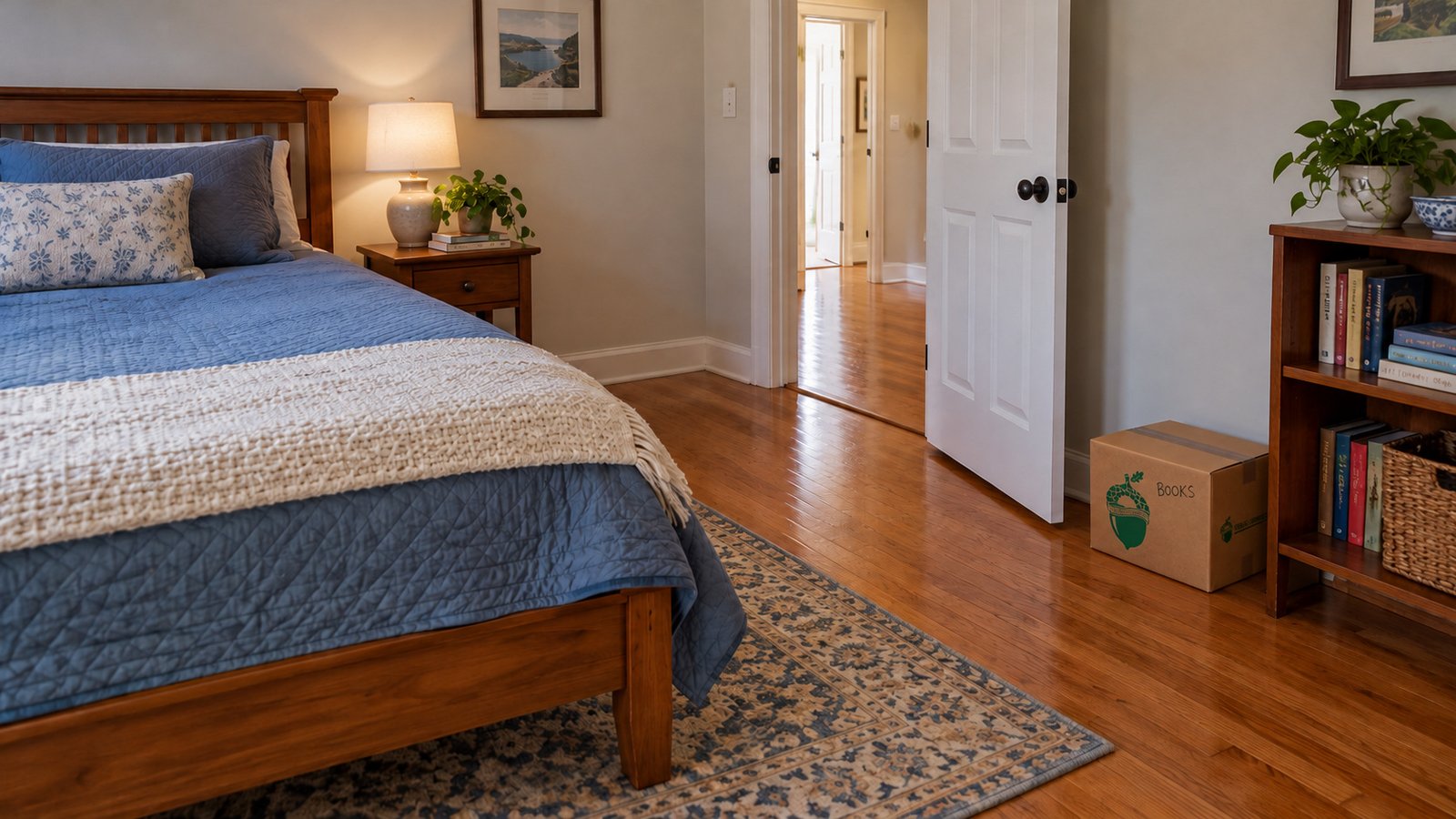 Compare the furnished room and route Furnished blue-quilt bedroom with an open door to the hall and a small closed book carton outside the passage.