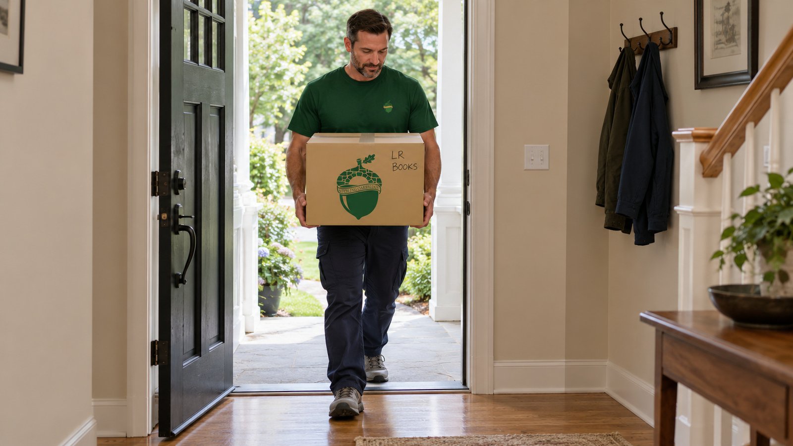 Keep the receiving threshold clear Employee supporting both lower carton corners while crossing an open receiving doorway.