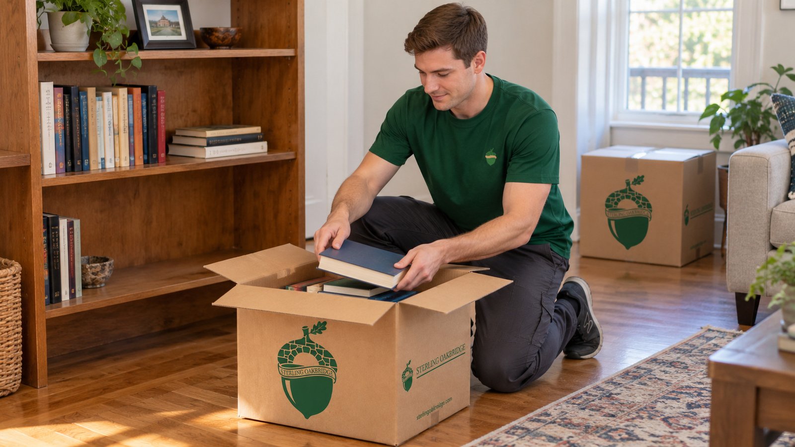 Prepare the selected household books Employee lowering a hardcover book into a small open moving carton beside a partly emptied bookcase.