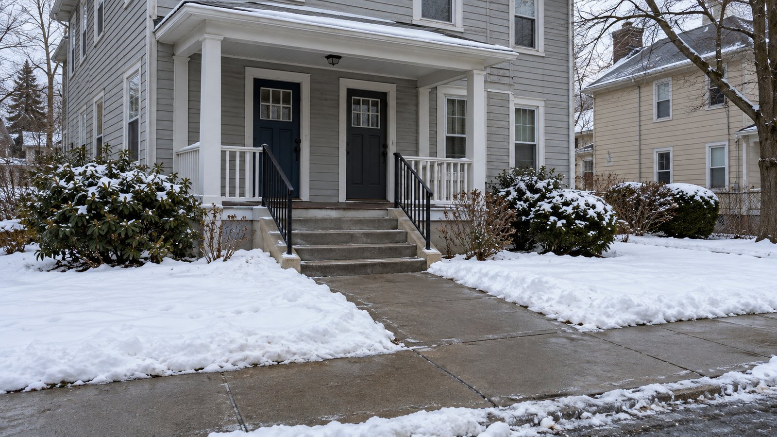 Prepare the complete winter approach Cleared sidewalk, walk and concrete stair leading to two doors on a shared winter porch.