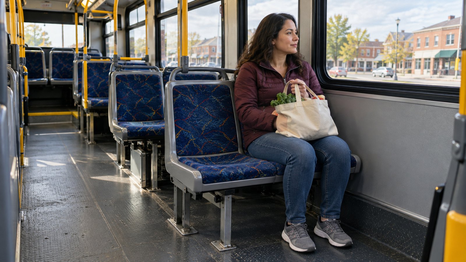Plan the return with groceries Resident seated on a public bus with groceries on her lap, feet supported and the aisle clear.