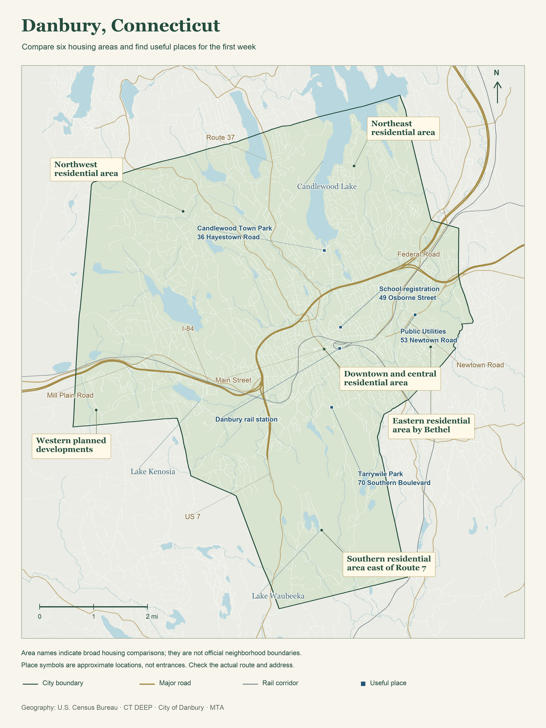 Explore Danbury, housing areas and useful places Danbury orientation map showing the full city boundary, six broad housing areas, selected roads, water, rail corridor and five useful-place locations.