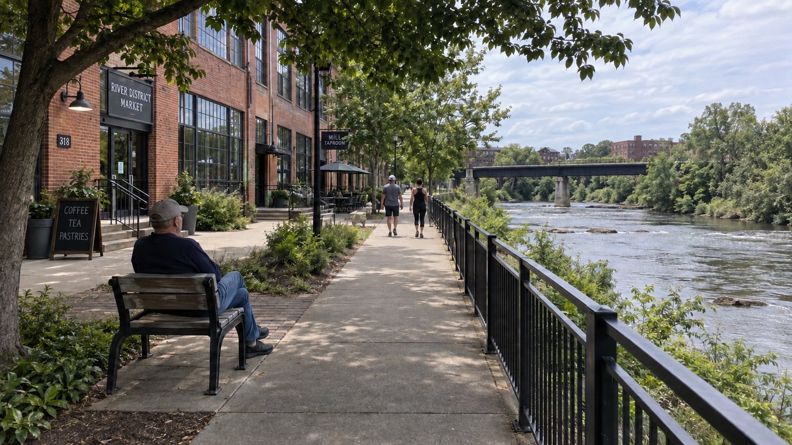 People walking or resting along a riverside path beside brick buildings and a metal railing.