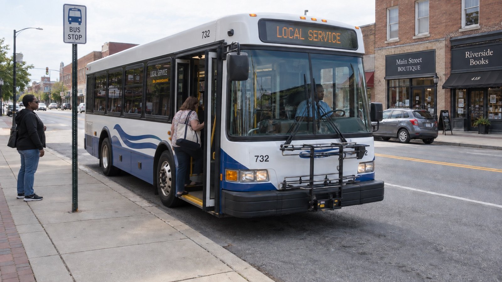 Passenger boarding a local bus from the sidewalk while another person waits beside a bus-stop sign.
