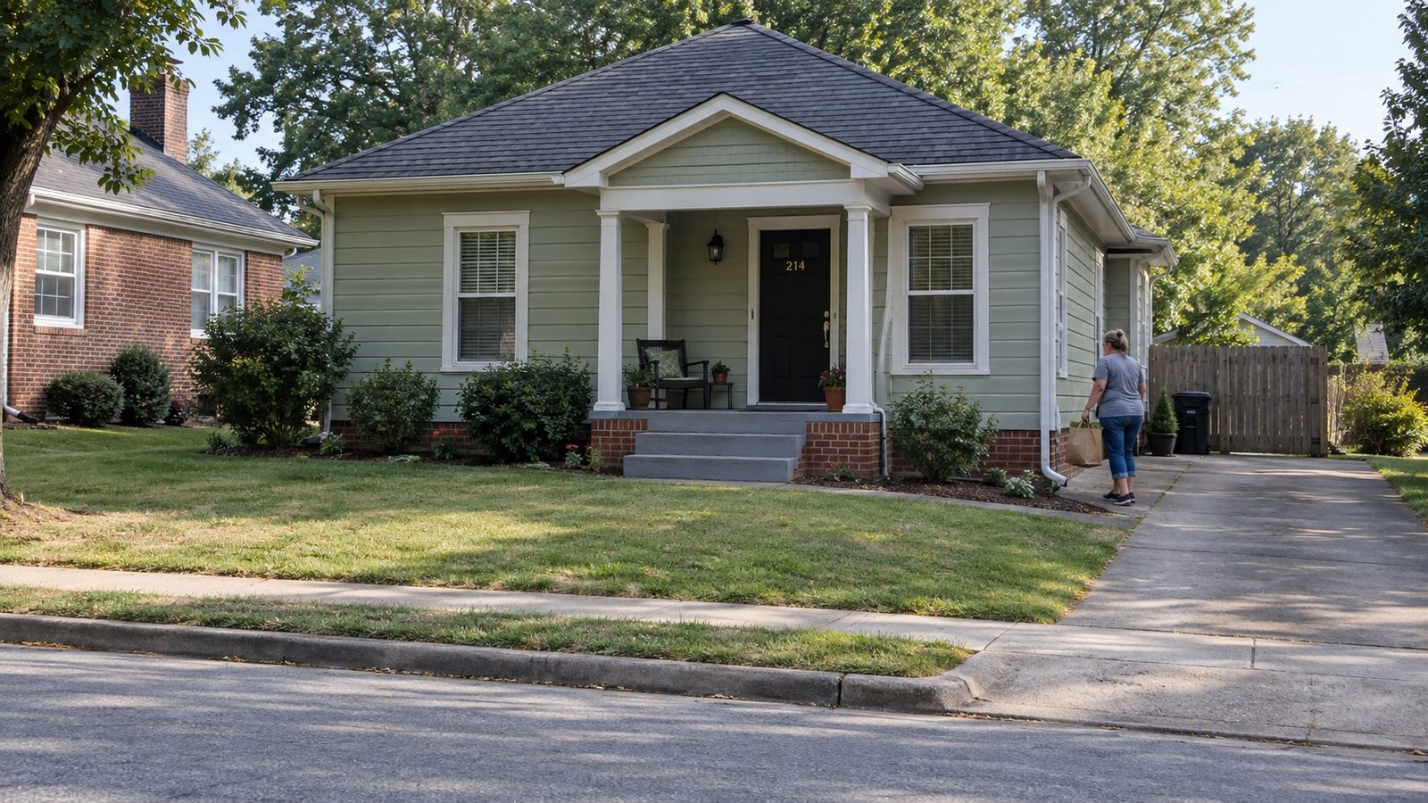 Resident carrying groceries along the driveway beside a single-story weatherboard home with porch steps.