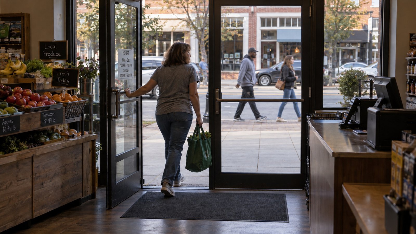 Shopper carrying a green grocery bag through the open left door beside a closed glass door.