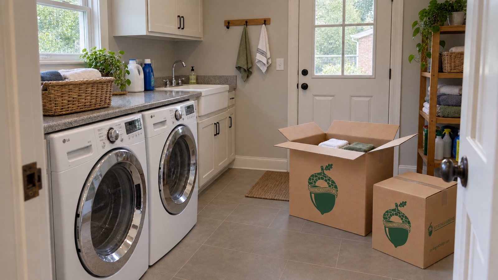 Laundry and utility room with two appliances, a sink, shelves and branded cartons, including an open carton of towels.