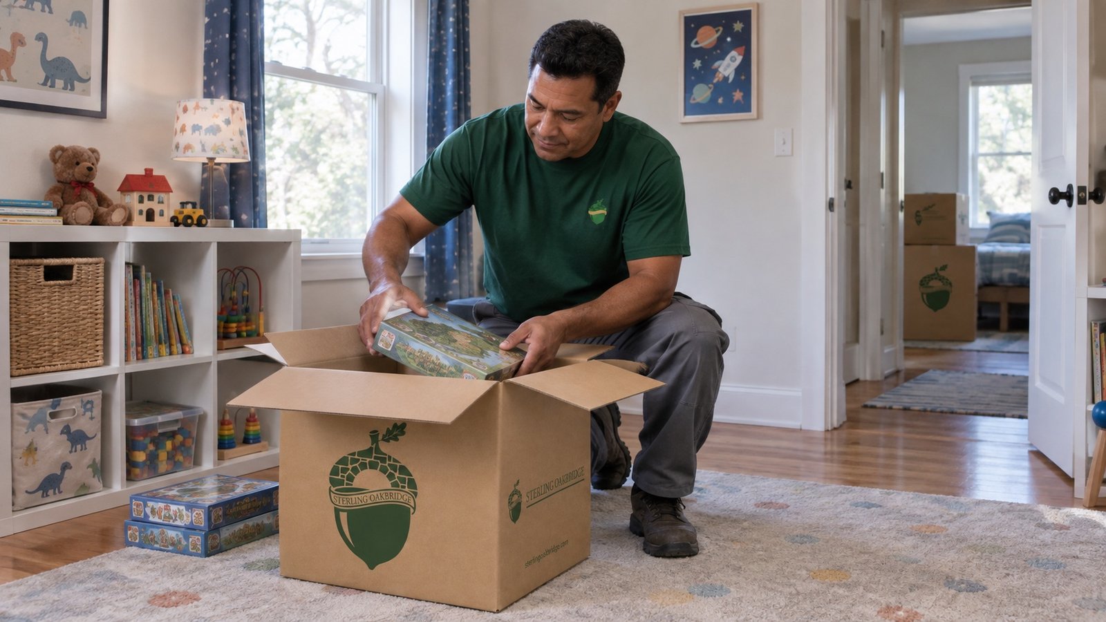 Mover placing a board game into an open branded carton on the floor of a child’s room.