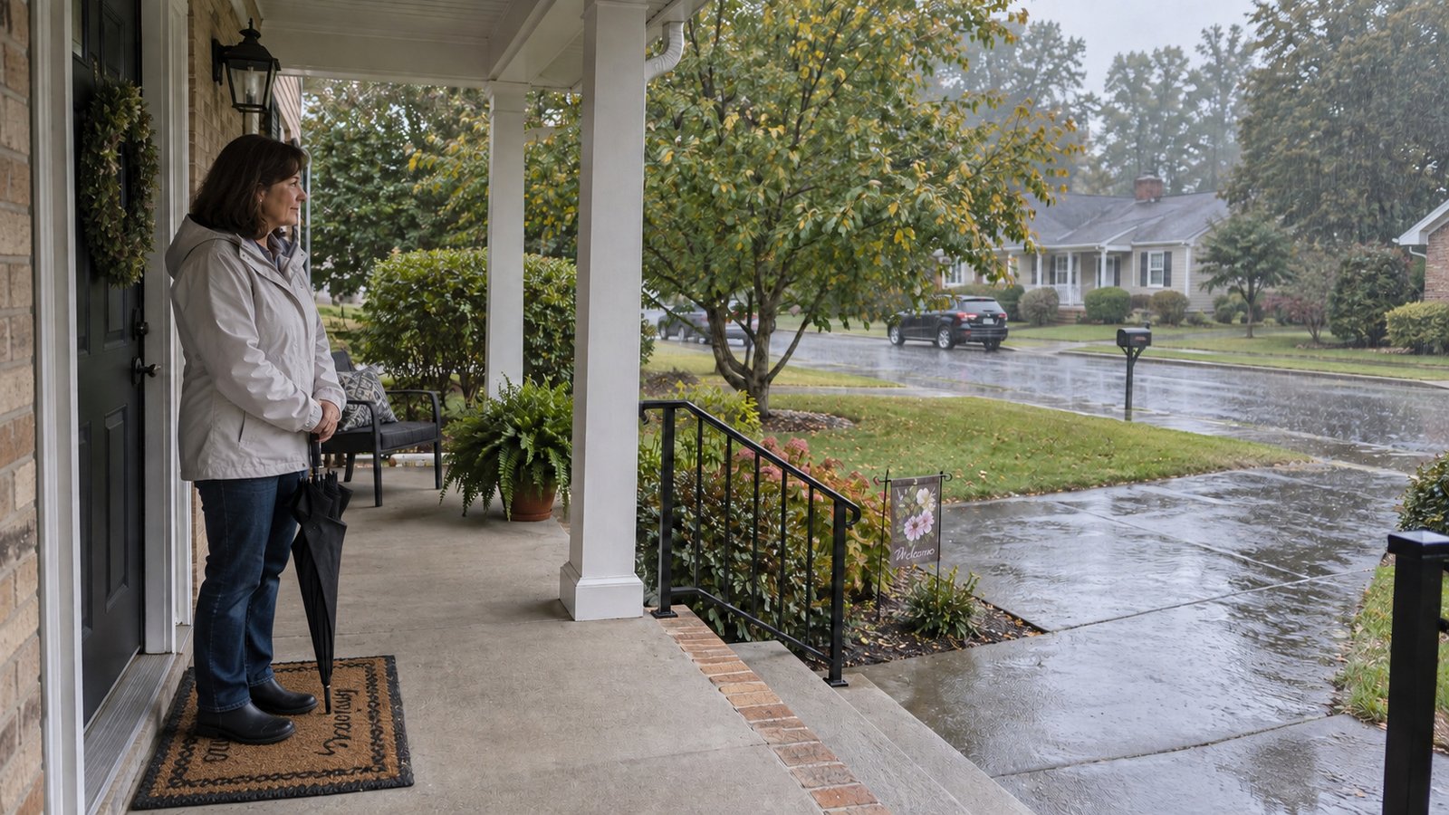 Resident wearing rain boots on a porch mat and holding a folded umbrella beside a wet approach.