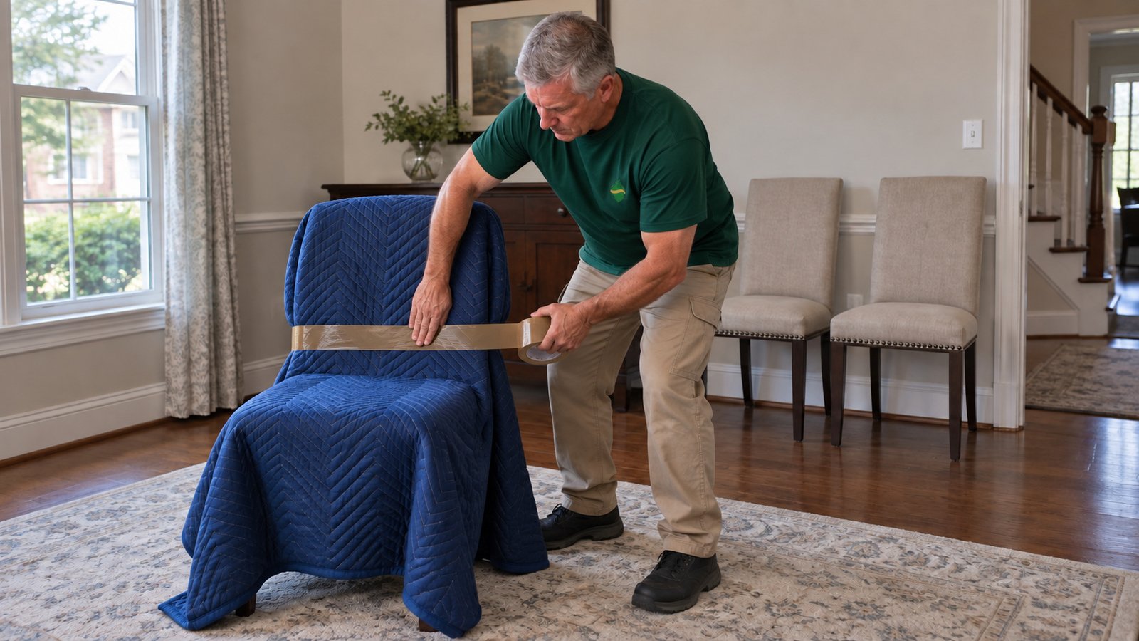 Mover pressing brown packing tape around a blue moving blanket on an upright dining chair.
