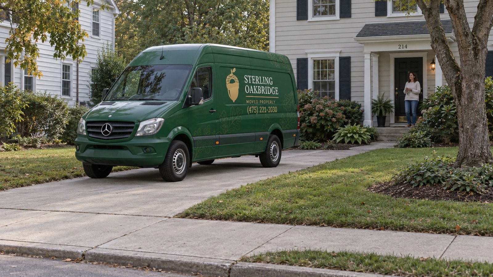 Branded Sterling Oakbridge Sprinter van parked in a private driveway beside a house and resident.