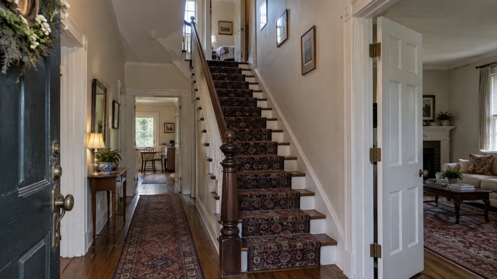 The staircase and adjoining hallway Residential hallway with a straight staircase, upper landing and open adjoining doors.