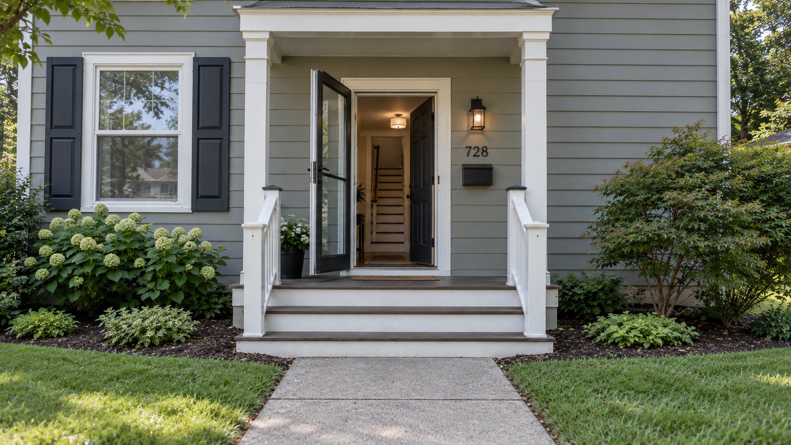 Check the full entrance Open exterior and storm doors above two low porch steps, with white handrails and a concrete walk