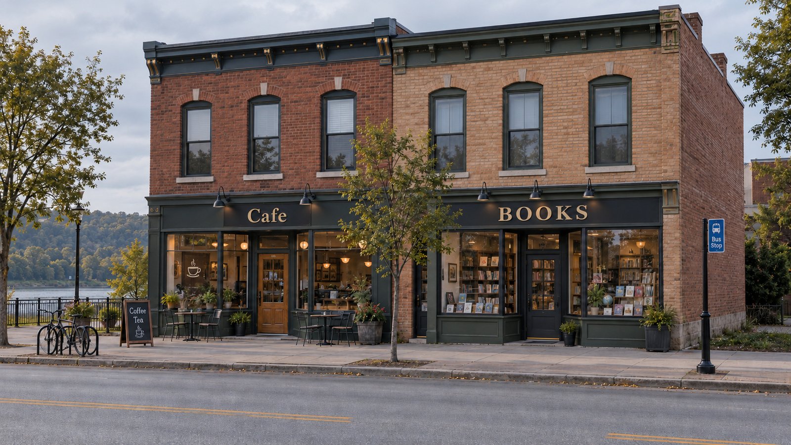 Two complete brick storefronts marked Cafe and Books, with a bus-stop pole and a clear sidewalk