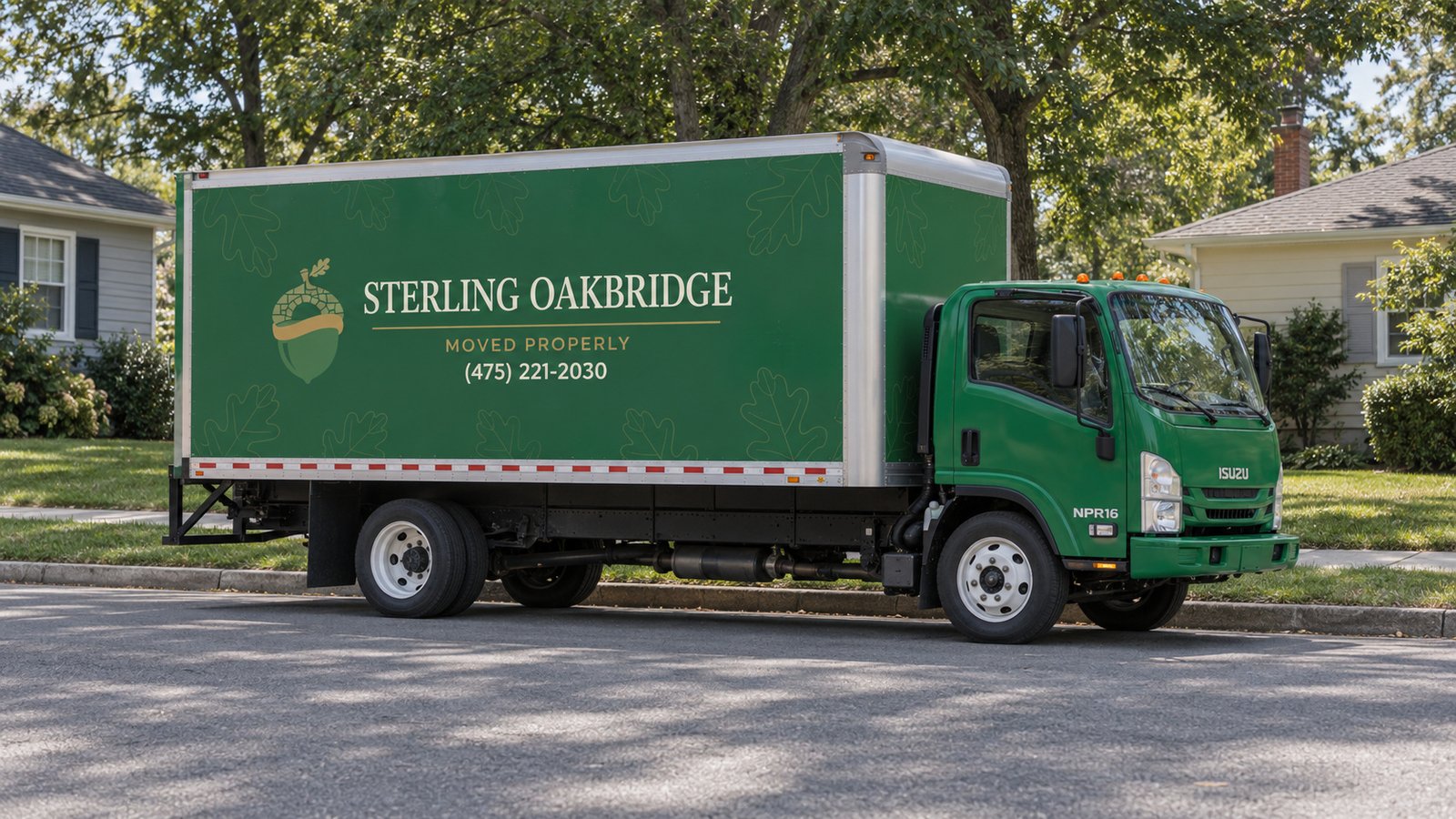 Agree the truck position Green Sterling Oakbridge Isuzu NPR16 box truck standing parallel to a street curb with its cab pointing right